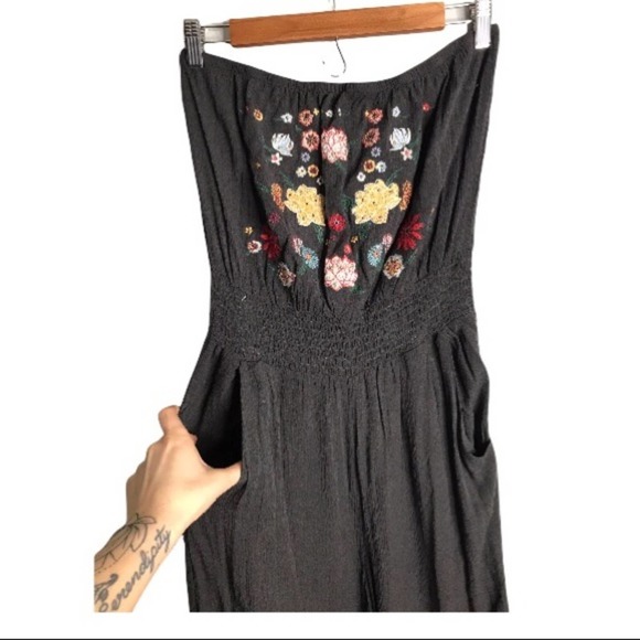 Xhilaration | Grey Strapless Jumpsuit Jeweled & Embroidered Floral Boho Chest - Picture 6 of 10